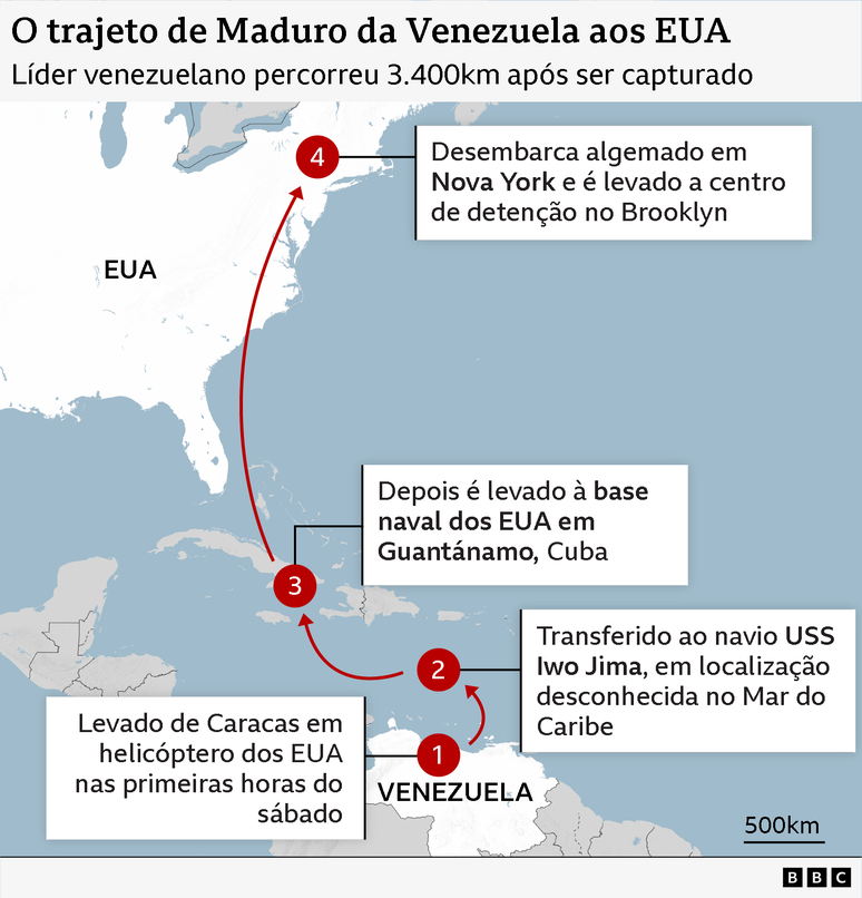 Mapa mostra trajeto de Maduro da Venezuela aos EUA, ap&oacute;s ser capturado