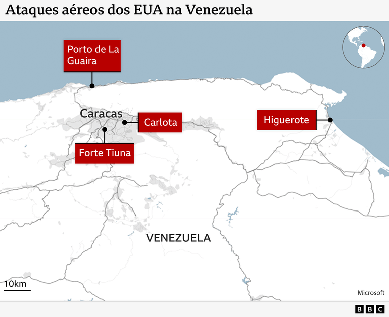 Mapa mostra locais de ataques a&eacute;reos na Venezuela