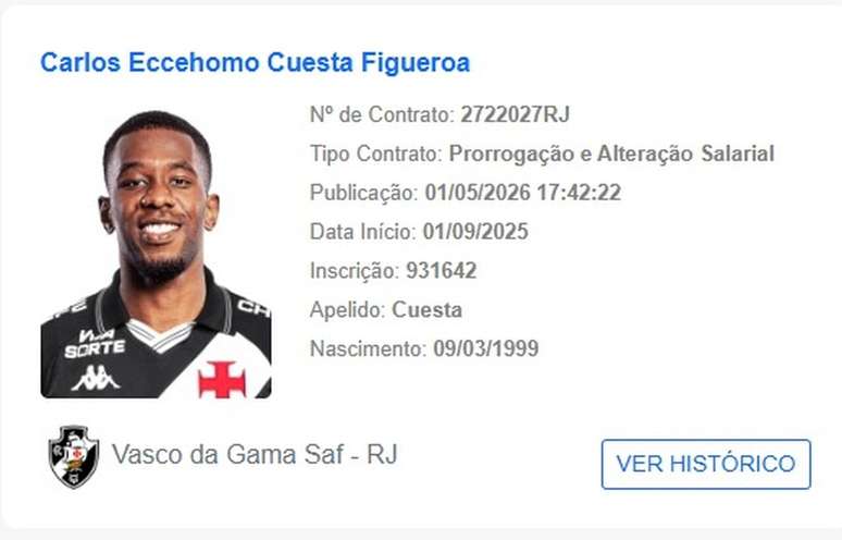 Novo contrato de empr&eacute;stimo de Cuesta com o Vasco j&aacute; est&aacute; registrado na CBF.