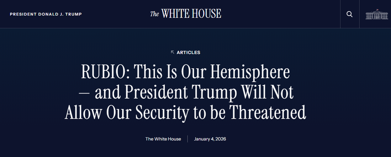 No domingo, 4, a Casa Branca divulgou um artigo com a mesma frase e legenda, assinado pelo secret&aacute;rio de Estado, Marco Rubio