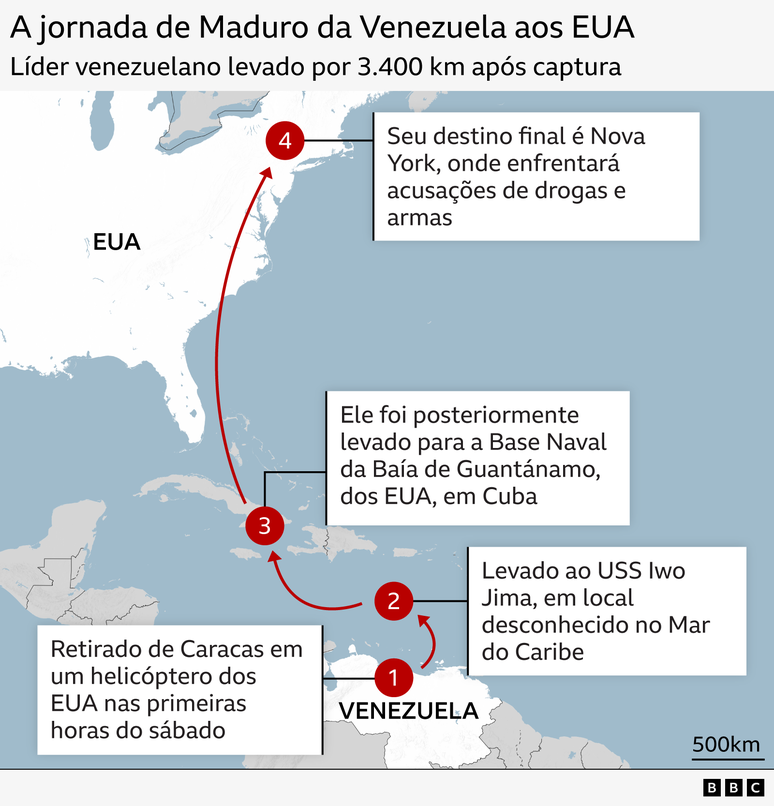 Mapa do trajeto de Maduro da Venezuela aos Estados Unidos