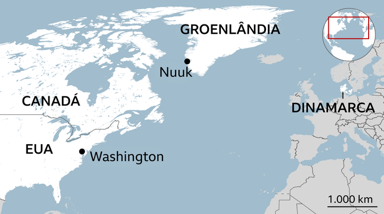 Mapa mostrando a localiza&ccedil;&atilde;o da Groenl&acirc;ndia e da sua capital Nuuk, em rela&ccedil;&atilde;o &agrave; Dinamarca, ao Canad&aacute; e aos Estados Unidos e sua capital, Washington.