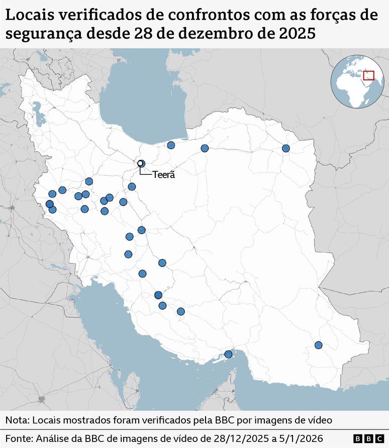 Locais verificados de confrontos com as for&ccedil;as de seguran&ccedil;a no Ir&atilde;