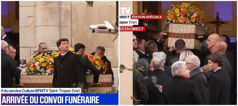 A chegada do caix&atilde;o &agrave; Igreja Nossa Senhora da Assun&ccedil;&atilde;o, em Sant-Tropez, no sul da Fran&ccedil;a, onde a atriz morava desde 1958