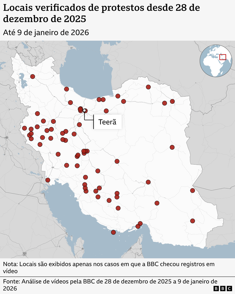 BBC Verify identificou que h&aacute; manifesta&ccedil;&otilde;es em pelo menos 17 prov&iacute;ncias do Ir&atilde;
