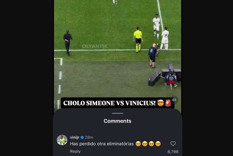 Vin&iacute;cius J&uacute;nior respondeu Diego Simeone em publica&ccedil;&atilde;o no Instagram &ndash;
