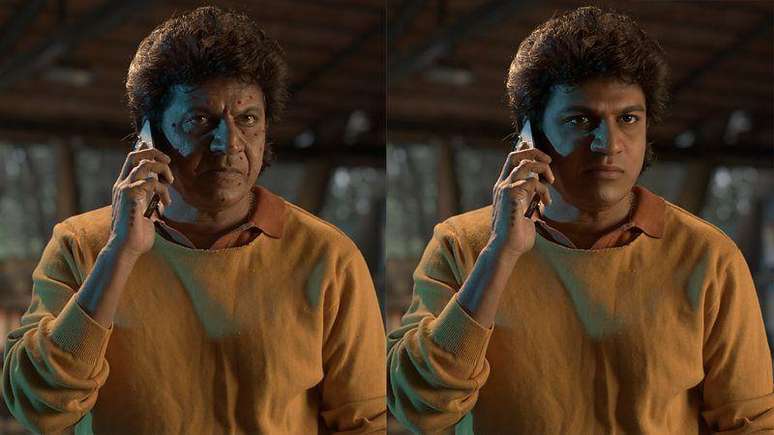 A IA rejuvenesceu o rosto do ator Shiva Rajkumar no filme de a&ccedil;&atilde;o Ghost. O ator real aparece na imagem &agrave; esquerda e a vers&atilde;o rejuvenescida, &agrave; direita.