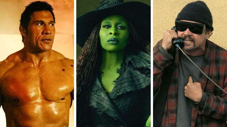 Da esquerda para a direita: os indicados Dwayne Johnson, por Cora&ccedil;&atilde;o de Lutador: The Smashing Machine; Cynthia Erivo, por Wicked: Parte 2; e Leonardo DiCaprio, por Uma Batalha Ap&oacute;s a Outra