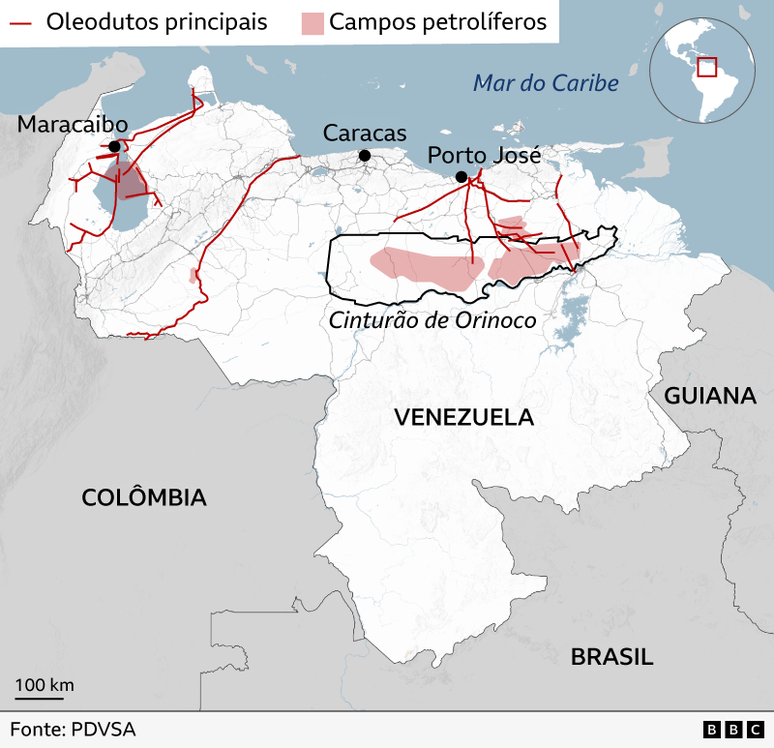 Mapa geogr&aacute;fico da Venezuela com a indica&ccedil;&atilde;o dos Andes venezuelanos, bem como dos principais campos petrol&iacute;feros.