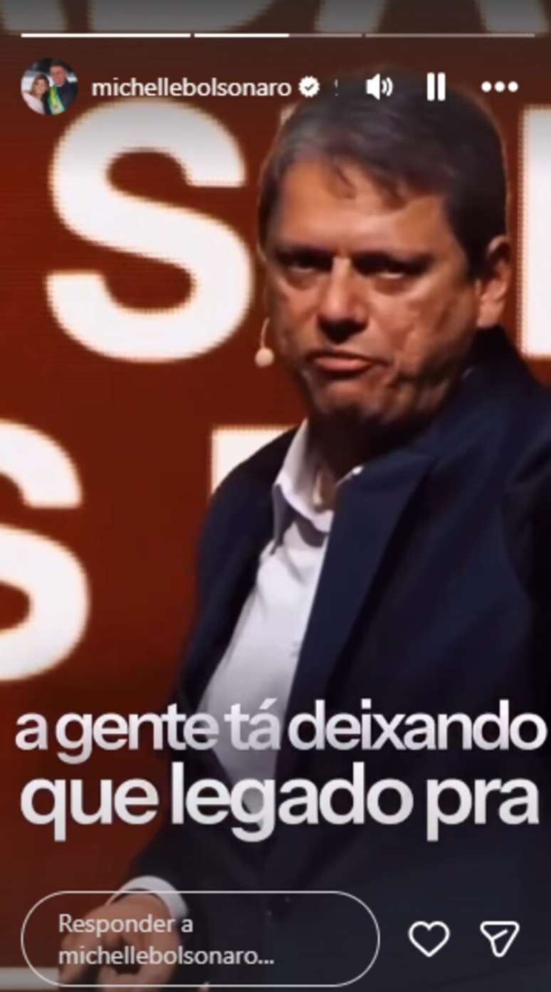 Story publicado por Michelle Bolsonaro no Instagram com repost de v&iacute;deo do governador Tarc&iacute;sio de Freitas criticando a pol&iacute;tica econ&ocirc;mica do governo Lula.