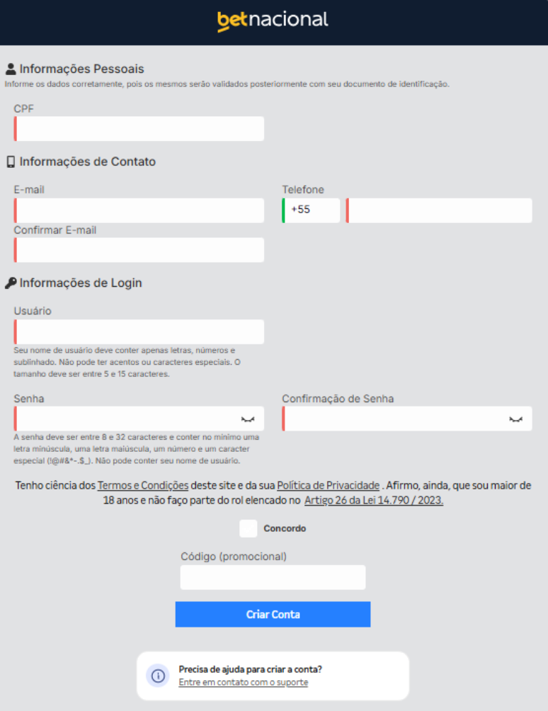 O processo de cadastro com o c&oacute;digo promocional Betnacional &eacute; simples