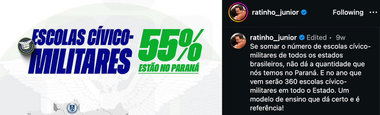 S&oacute; em 2025 o governador do Paran&aacute; Ratinho J&uacute;nior publicou em sua conta no Instagram ao menos onze vezes sobre escolas c&iacute;vico-militares