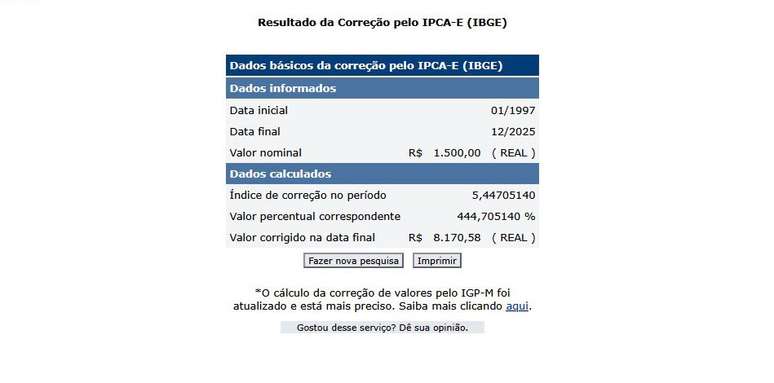 Valor do sal&aacute;rio de Samara Felippo corrigido pelo IPCA