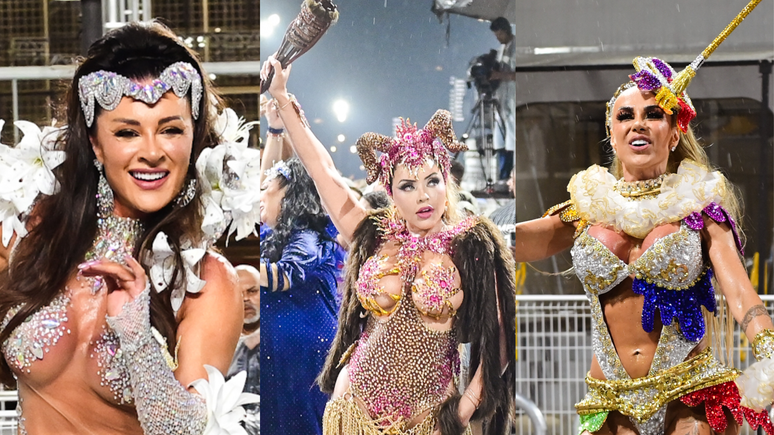 Rainhas de bateria encaram chuva em ensaio t&eacute;cnico em S&atilde;o Paulo