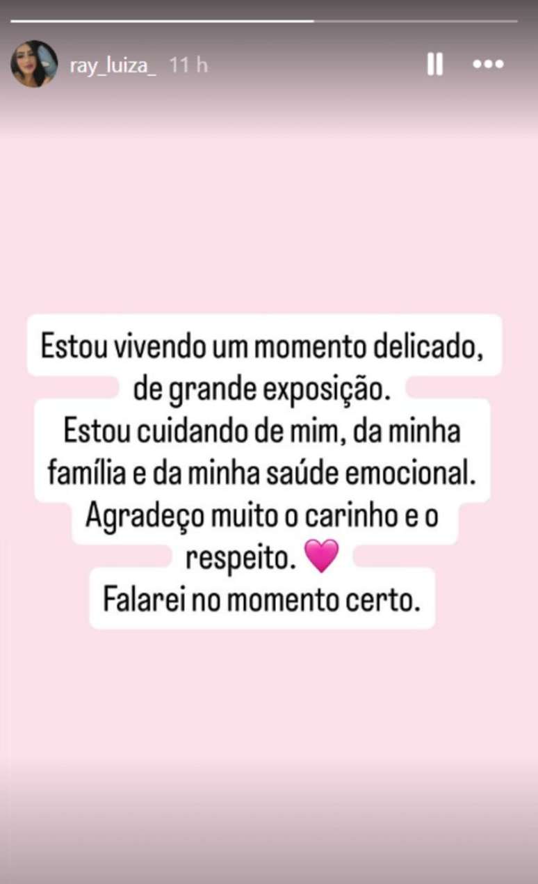 Rayne Luiza se manifestou nas redes ap&oacute;s declara&ccedil;&otilde;es de Pedro no BBB 26