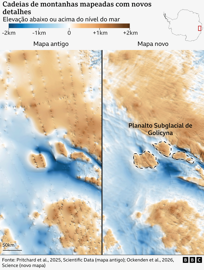 Mapas lado a lado comparam uma vers&atilde;o mais antiga e outra mais recente de uma &aacute;rea ampliada da eleva&ccedil;&atilde;o do relevo sob o gelo no leste da Ant&aacute;rtida. Em ambos, a cor azul indica &aacute;reas abaixo do n&iacute;vel do mar, e o marrom, &aacute;reas acima do n&iacute;vel do mar. O mapa mais recente apresenta um n&iacute;vel de detalhe muito maior, revelando com clareza forma&ccedil;&otilde;es como Planalto Subglacial de Golicyna, que s&atilde;o mais dif&iacute;ceis de distinguir no mapa antigo