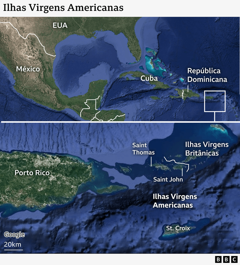 Mapa mostra localiza&ccedil;&atilde;o das Ilhas Virgens Americanas