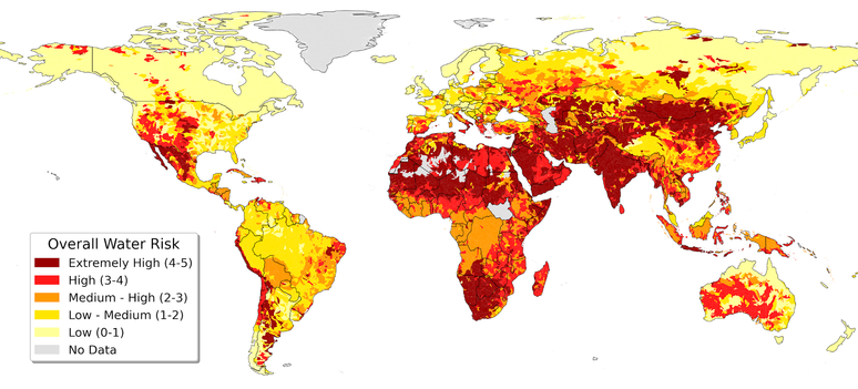 Um mapa mostra que a maior parte da &Aacute;frica, do sul da &Aacute;sia e grande parte do oeste dos EUA apresentam altos n&iacute;veis de riscos relacionados &agrave; &aacute;gua.