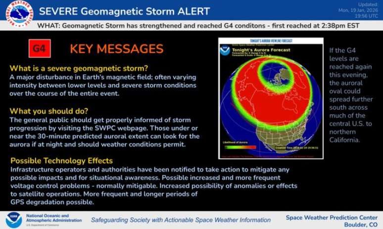 Centro de Previs&atilde;o do Clima Espacial fez alerta para a forma&ccedil;&atilde;o de tempestades geomagn&eacute;ticas de 'condi&ccedil;&otilde;es de G4'