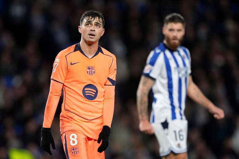 Pedri durante a derrota do Barcelona para a Real Sociedad 