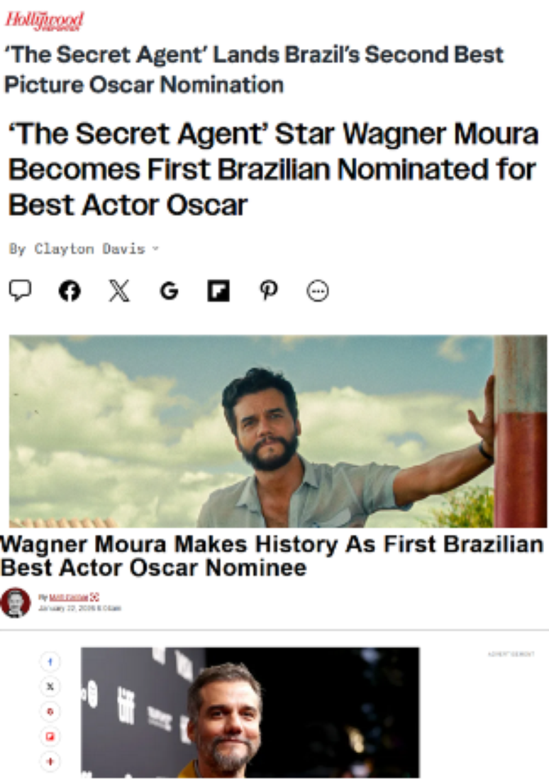 Alguns dos t&iacute;tulos das mat&eacute;rias que sa&iacute;ram logo ap&oacute;s as indica&ccedil;&otilde;es de O Agente Secreto ao Oscar