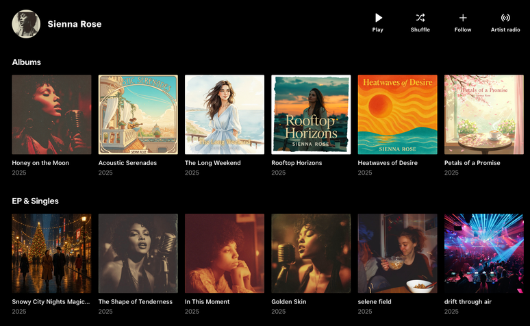 No servi&ccedil;o de streaming Tidal, Rose det&eacute;m o cr&eacute;dito de &aacute;lbuns de m&uacute;sica folk e ambiental ilustrando diferentes cantores, todos carregados no ano passado