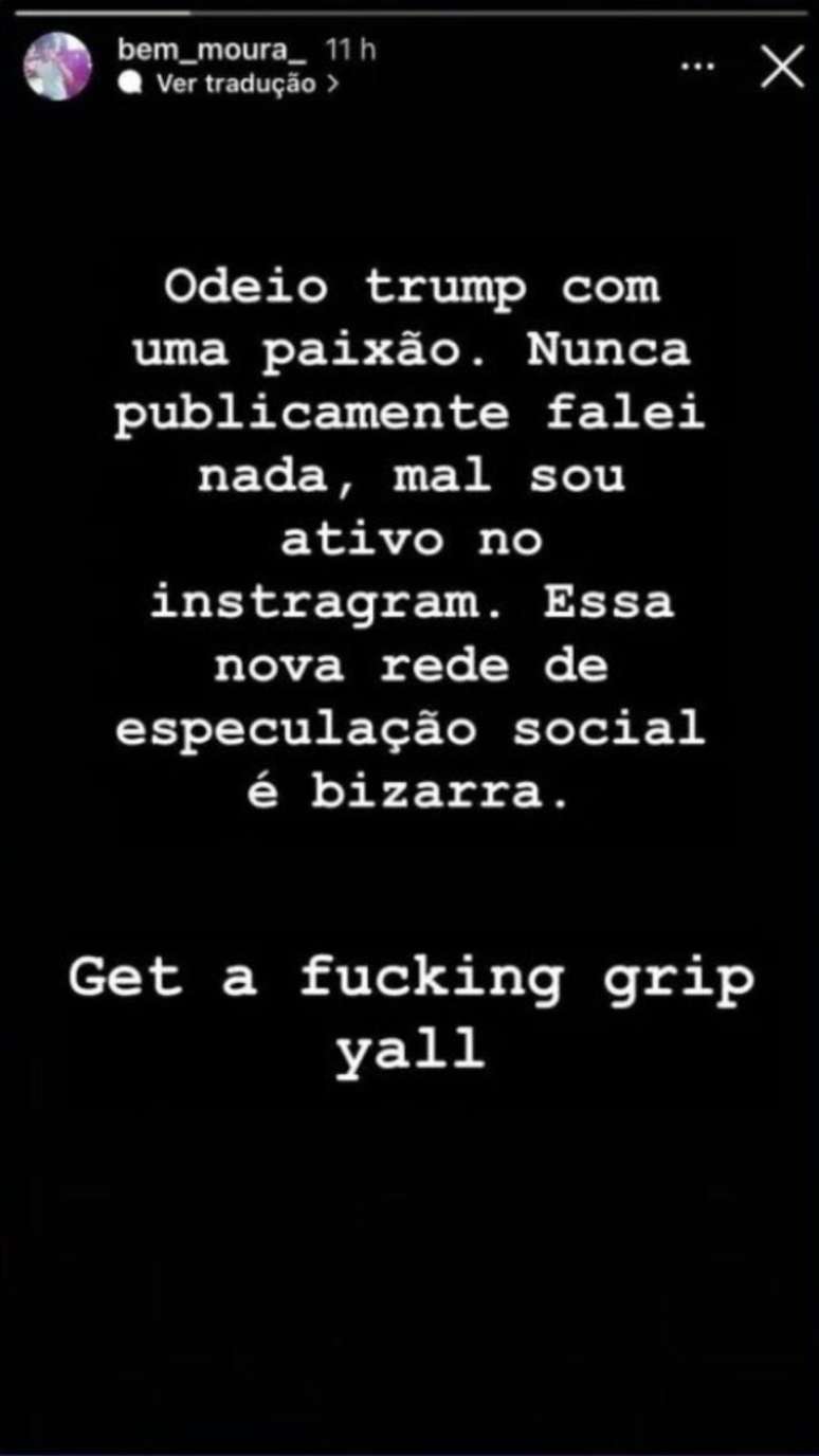 Bem Moura, filho de Wagner Moura, rebate rumores de que &eacute; apoiador de Donald Trump