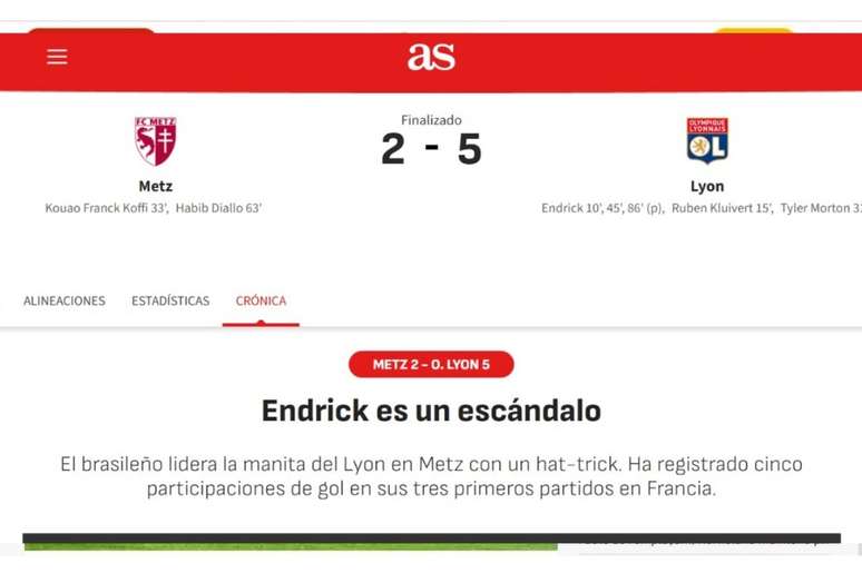 Endrick marcou um hat-trick contra o Metz, no Campeonato Franc&ecirc;s &ndash;