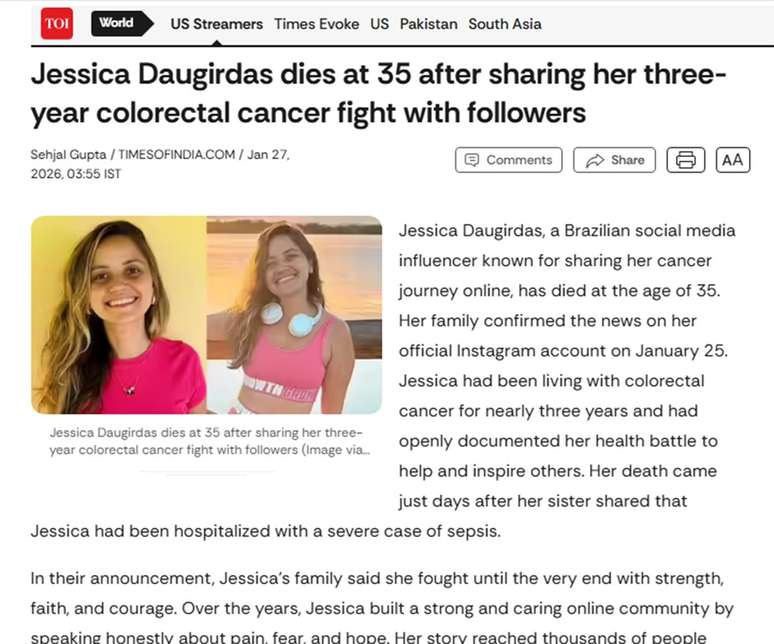 Morte da influenciadora J&eacute;ssica Daugirdas repercute no exterior &mdash;