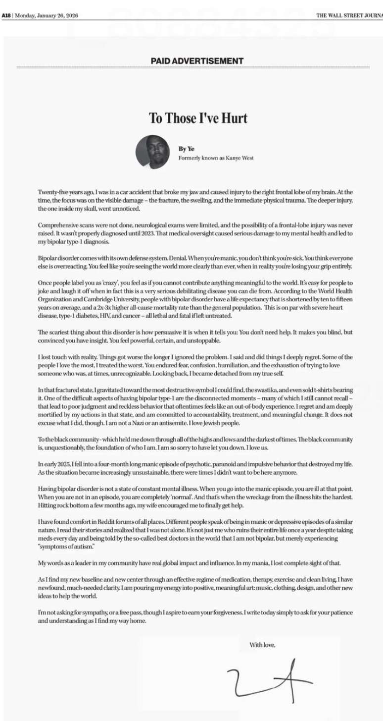 Em carta aberta, Kanye West pede desculpas por apologia ao nazismo