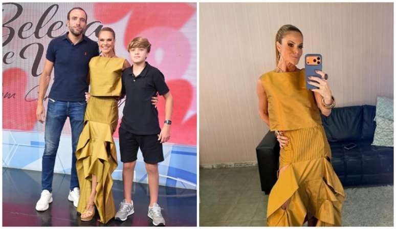 Carol Minhoto com o marido, Oswaldo Yazbek J&uacute;nior, e o filho, Jo&atilde;o Paulo, no cen&aacute;rio na Rede Brasil; e a comunicadora no camarim