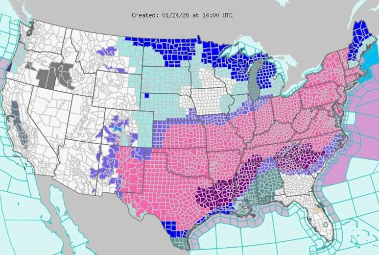 Um mapa de alertas de tempestade em 24 de janeiro de 2026.