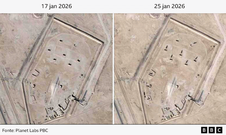 Vistas da Base A&eacute;rea americana de al-Udeid, no Catar, nos dias 17 e 25 de janeiro de 2026