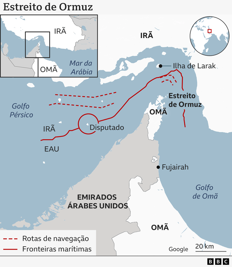 Mapa que mostra onde fica o Estreito de Ormuz, no Golfo de Om&atilde;, uma rota fundamental para o transporte de petr&oacute;leo global. O estreito fica entre o Ir&atilde; e a pen&iacute;nsula formada pelos Emirados &Aacute;rabes Unidos e Om&atilde;
