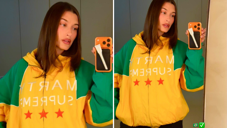 Hailey Bieber com a jaqueta nas cores do Brasil 