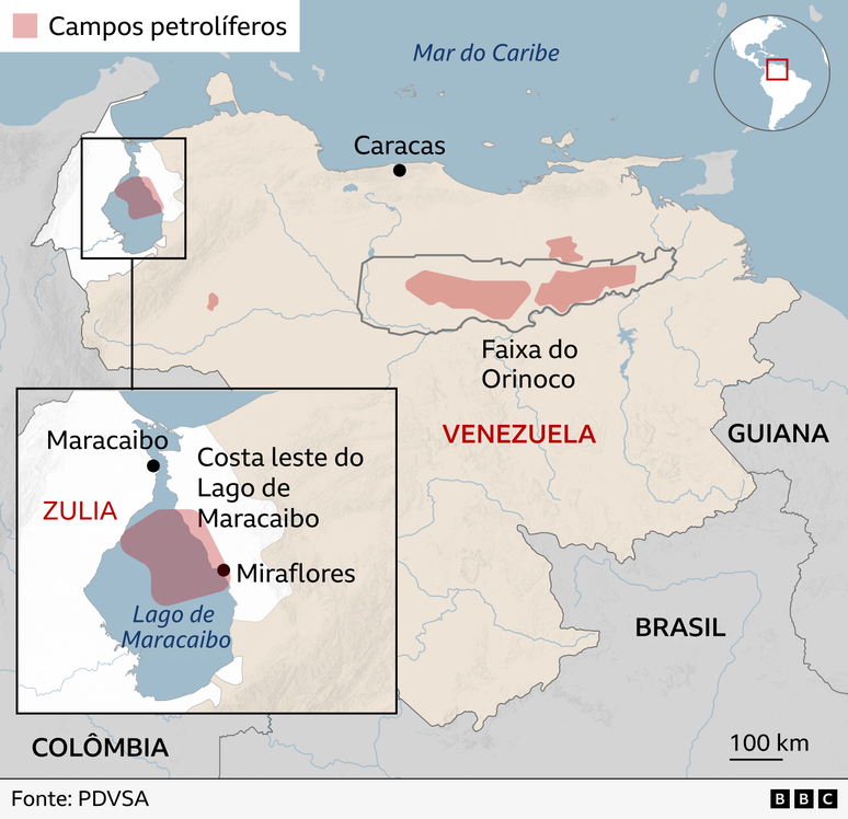 Mapa que mostra o Lago de Maracaibo, no nordeste da Venezuela, ao lado do mar do Caribe. As reservas de petr&oacute;leo est&atilde;o assinaladas sob o lago e na Faixa do Orinoco, no leste da Venezuela. O estado de Zulia aparece marcado ao redor da maior parte do lago. Pa&iacute;ses vizinhos tamb&eacute;m est&atilde;o indicados, como a Guiana, a leste; Brasil, ao sul; e Col&ocirc;mbia, a oeste