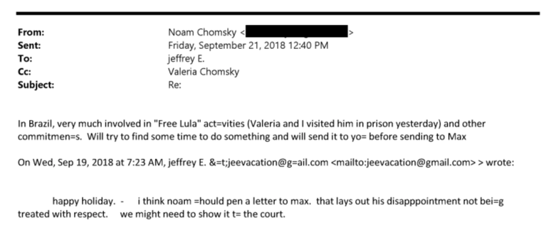 Email atribu&iacute;do a Noam Chomsky e enviado a Jeffrey Epstein aparece em novos arquivos divulgados pelo governo dos EUA