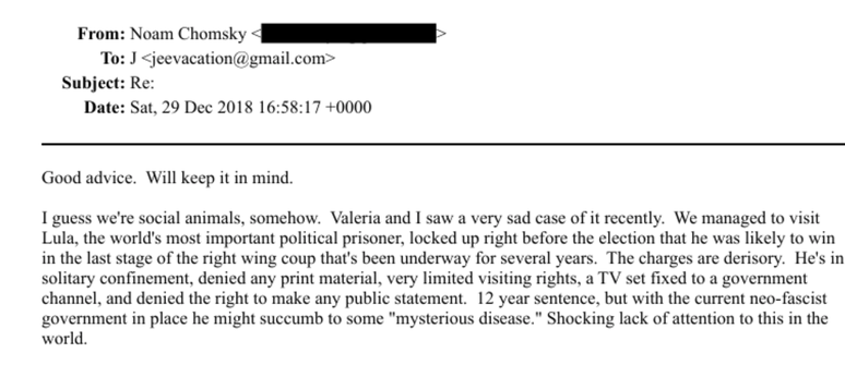 Chomsky diz a Epstein, em 2018, que Lula &eacute; o prisioneiro pol&iacute;tico mais importante do mundo