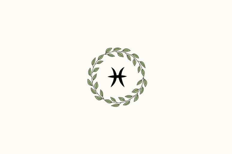 Ilustra&ccedil;&atilde;o de uma coroa de plantas ao redor do signo de Peixes, sobre fundo amarelo-claro