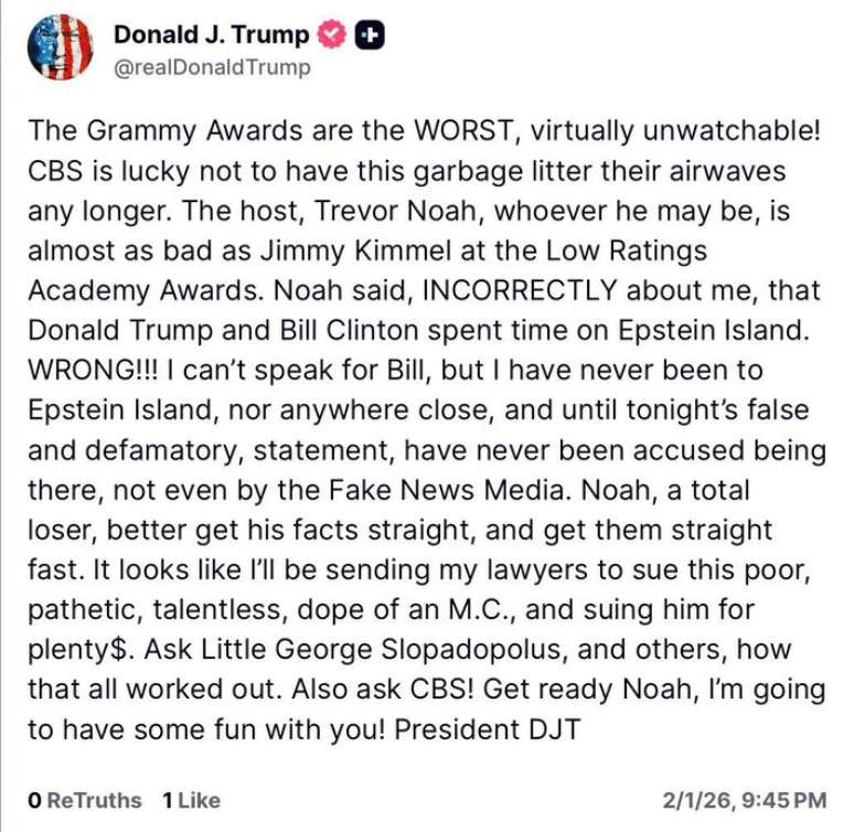O presidente Donald Trump critica o GRAMMYs e amea&ccedil;a processar o apresentador Trevor Noah por seu coment&aacute;rio sobre a Ilha de Epstein