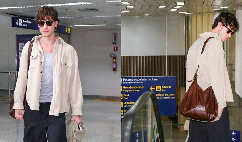 Carnaval no Rio com Bruna Marquezine? Ap&oacute;s temporada da atriz nos EUA, Shawn Mendes desembarca com look neutro e bolsa de couro marrom.