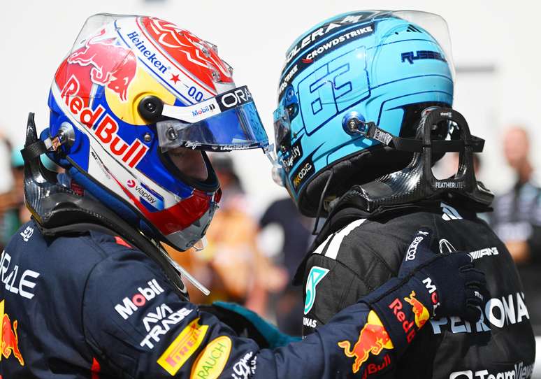 Max Verstappen e George Russell no GP do Canad&aacute; de 2025 