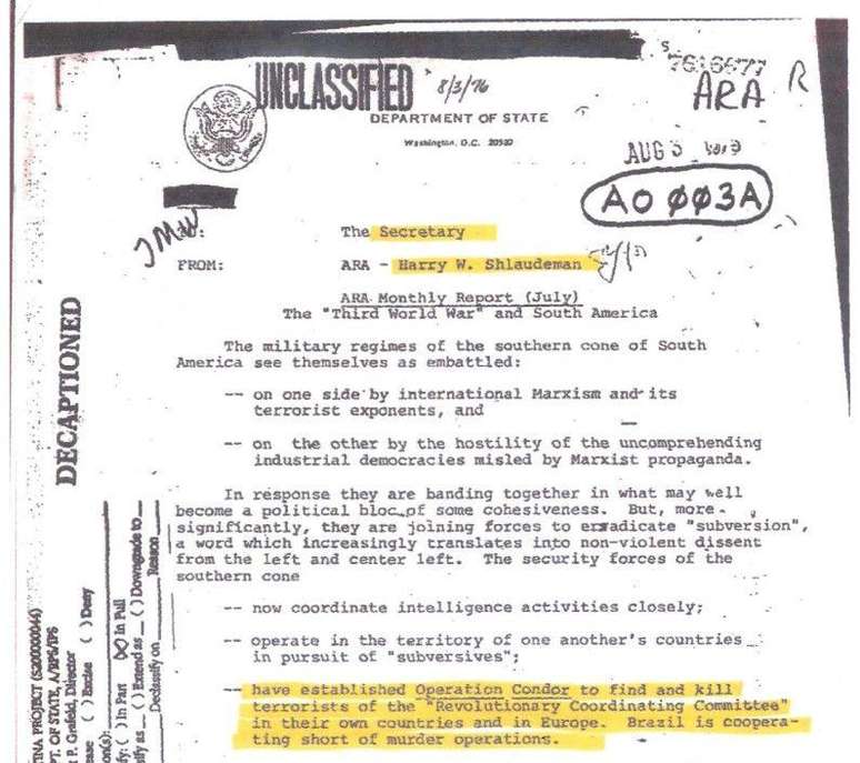 Documentos desclassificados pelos Estados Unidos sobre Opera&ccedil;&atilde;o Condor
