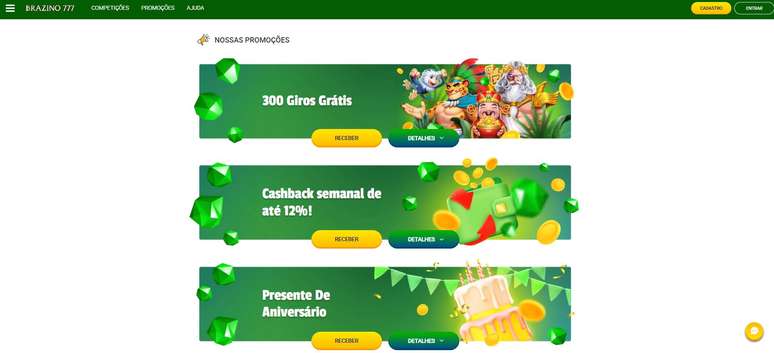 Vale a pena explorar a aba de Promo&ccedil;&otilde;es da Brazino777