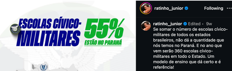 S&oacute; em 2025 o governador do Paran&aacute; Ratinho J&uacute;nior publicou em sua conta no Instagram ao menos onze vezes sobre escolas c&iacute;vico-militares