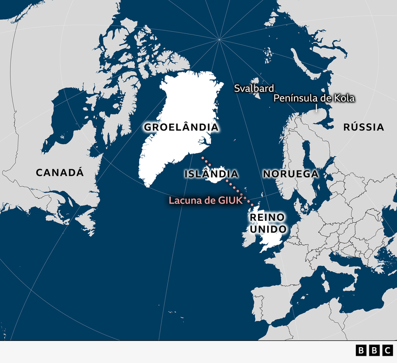 Mapa mostra localiza&ccedil;&atilde;o da Lacuna GIUK entre Groenl&acirc;ndia, Isl&acirc;ndia e Reino Unido