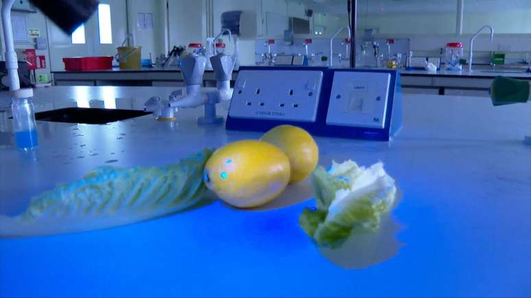 Got&iacute;culas azuis vis&iacute;veis no lim&atilde;o mostram como a &aacute;gua contaminada do frango cru se espalha durante a lavagem