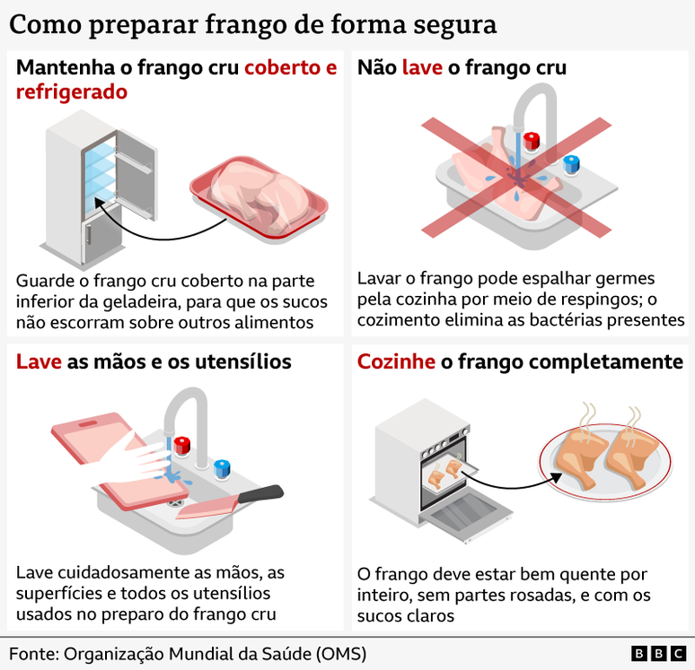 Gr&aacute;fico com orienta&ccedil;&otilde;es da Organiza&ccedil;&atilde;o Mundial da Sa&uacute;de sobre como preparar frango. O primeiro mostra a imagem de uma geladeira, com uma seta apontando para a prateleira inferior, onde o frango deve ser armazenado para evitar que os sucos escorram sobre outros alimentos. O segundo exibe frango cru em uma pia, com a torneira aberta; um grande &ldquo;X&rdquo; sobre a imagem indica que n&atilde;o se deve lavar frango cru. O terceiro mostra uma m&atilde;o lavando uma t&aacute;bua de corte e uma faca na pia, demonstrando a orienta&ccedil;&atilde;o de lavar as m&atilde;os e os utens&iacute;lios ap&oacute;s preparar frango cru. O quarto apresenta um forno, com uma seta apontando para uma assadeira com frango soltando vapor, acompanhada do conselho de cozinhar o frango completamente, a &uacute;nica forma de eliminar bact&eacute;rias.
