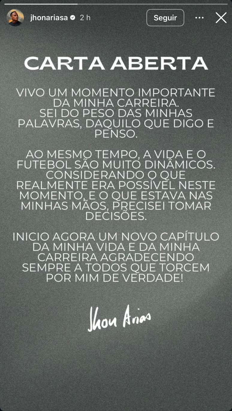 Postagem de Jhon Arias no Instagram neste s&aacute;bado, 7