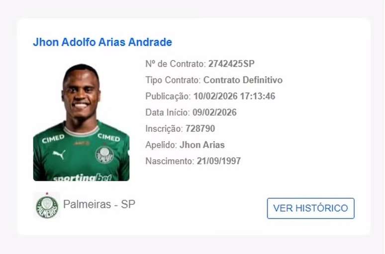 Jhon Arias foi registrado no BID da CBF nesta ter&ccedil;a-feira (10) &ndash;